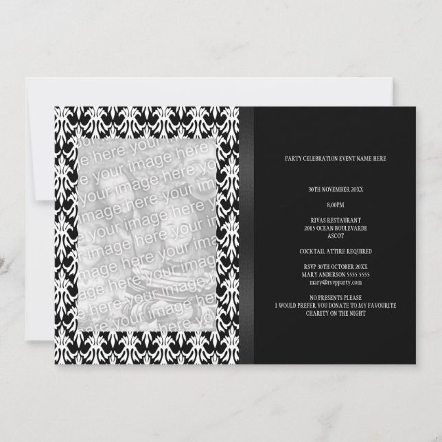Blommigt Damask Black & White Photo All Events Inbjudningar (Framsida)