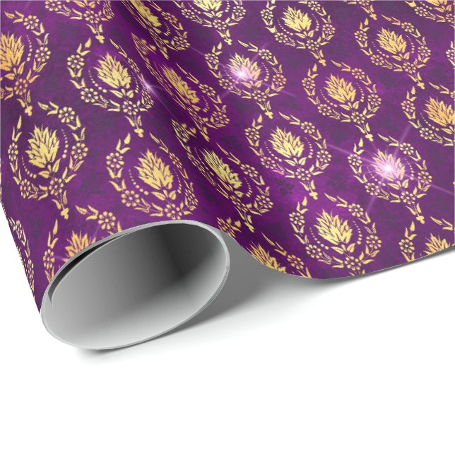 Blommigt Damask Halloween Spell Guld Lila Mönster Presentpapper (Rullad Hörn)