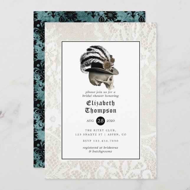 Blommigt Damask och Snöre Gothic Möhippa Inbjudningar (Fram/baksida)