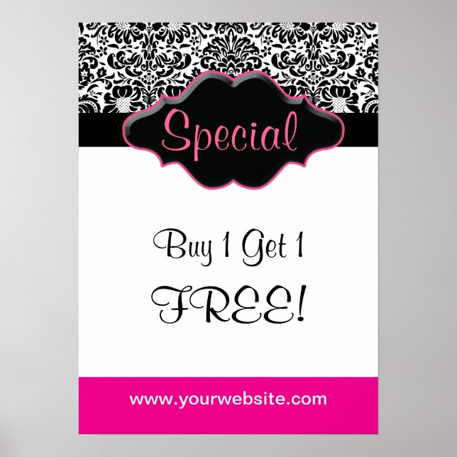 Blommigt Damask Poster Salon Black White Rosa (Framsidan)