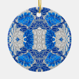 Blommigt Damask, Sapphire Blue och Grått Julgransprydnad Keramik