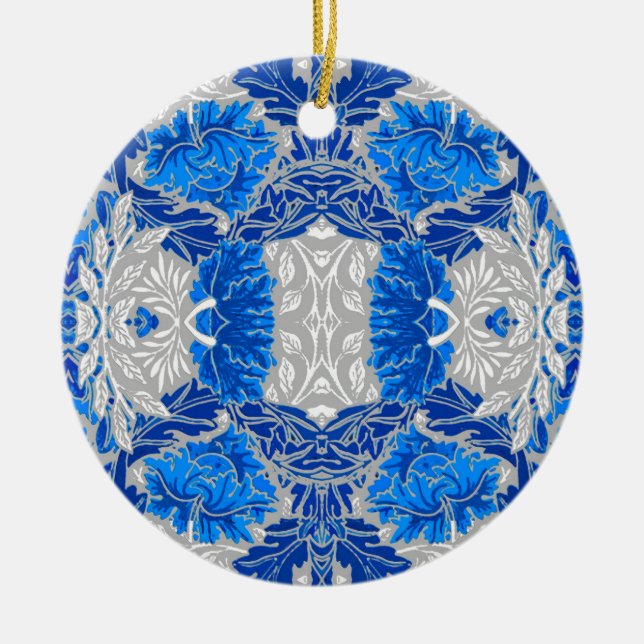 Blommigt Damask, Sapphire Blue och Grått Julgransprydnad Keramik (Framsidan)