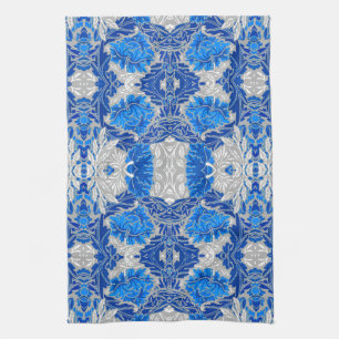 Blommigt Damask, Sapphire Blue och Grått Kökshandduk