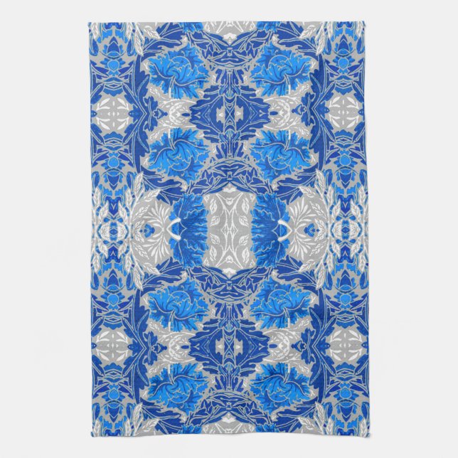 Blommigt Damask, Sapphire Blue och Grått Kökshandduk (Vertikal)