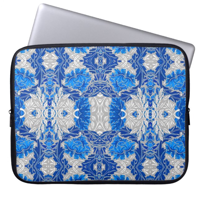 Blommigt Damask, Sapphire Blue och Grått Laptop Fodral (Framsidan)