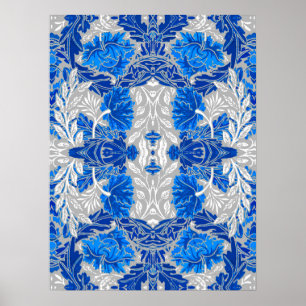 Blommigt Damask, Sapphire Blue och Grått Poster
