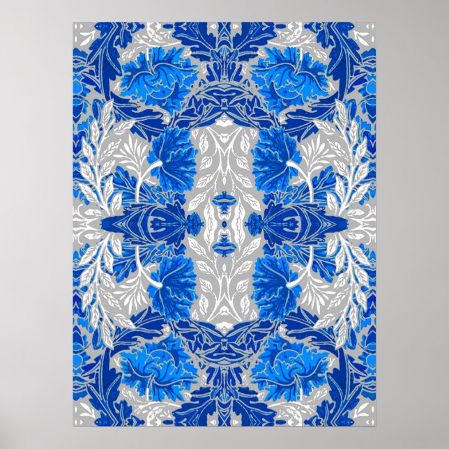 Blommigt Damask, Sapphire Blue och Grått Poster (Framsidan)