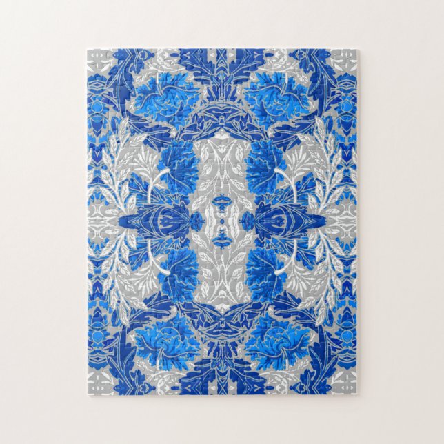 Blommigt Damask, Sapphire Blue och Grått Pussel (Vertikal)