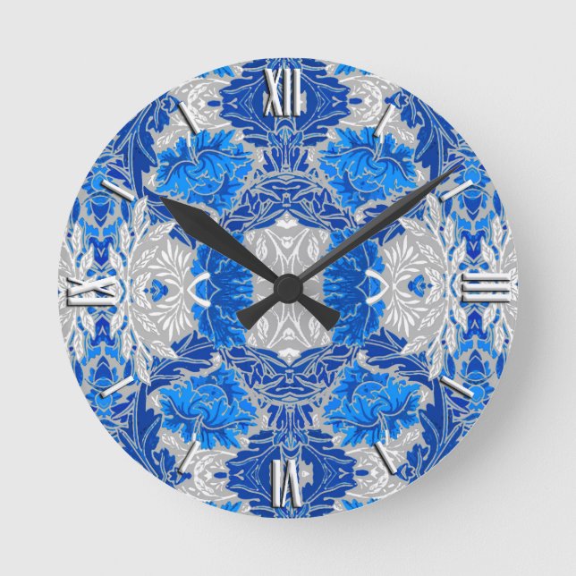 Blommigt Damask, Sapphire Blue och Grått Rund Klocka (Framsida)