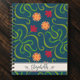 Blommigt Damask Solros Boho Navy Blue Folk Art Anteckningsbok