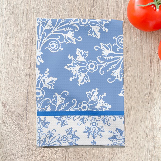 Blommigt Damask White Cornblomma Blue med Gräns Kökshandduk (Skapare uppladdad)