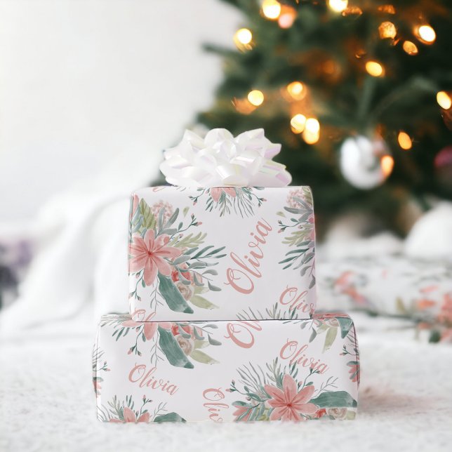 Blommigt dammig rosa vattenfärgsskript Flicka Namn Presentpapper (Floral dusty pink watercolor Baby Girl Name script Wrapping Paper)