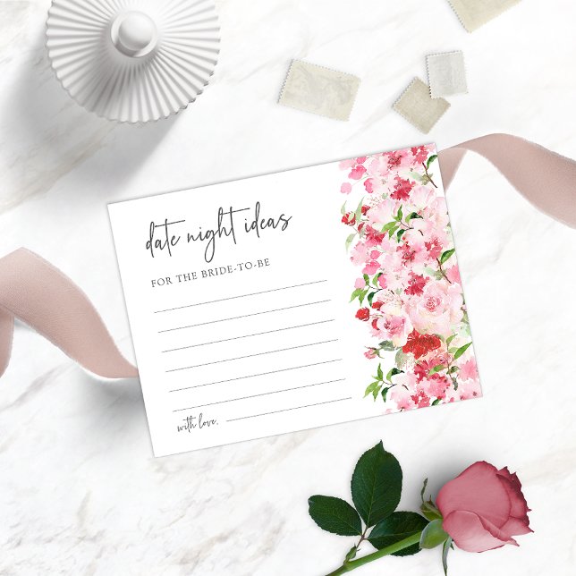 Blommigt Datum och nattföreställningar (Watercolor Red and Pink Floral Date Night Ideas Card for Bridal Showers)