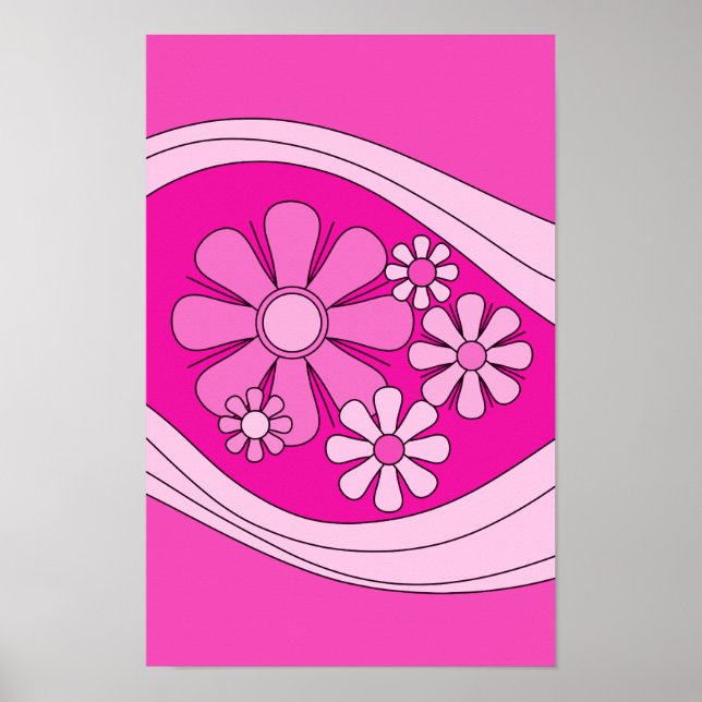 Blommigt Daydröm Retro Shock rosa 60s Blommor Poster (Framsidan)