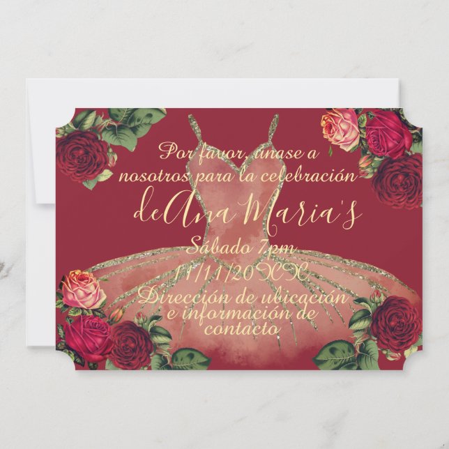 Blommigt de Borgoña Quinceanera Celebración Inbjudningar (Baksida)