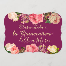 Blommigt de Borgoña Quinceanera Celebración Inbjudningar