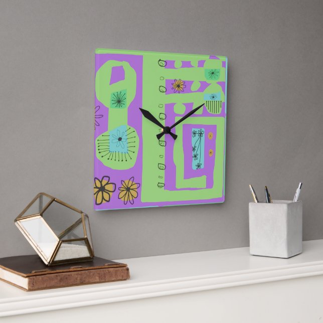 Blommigt Decal Ethnic Print Grönt Lila Black Fyrkantig Klocka (Kontor)