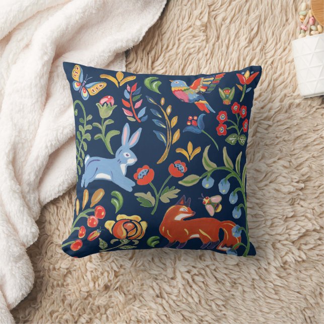 Blommigt Decor for Navy Blue Folk Art Woodland Ani Kudde (Filt)