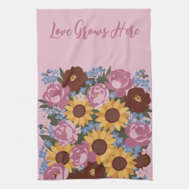 Blommigt Decor Kärlek växer här - Peonies solblomm Kökshandduk
