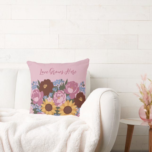 Blommigt Decor Kärlek växer här - Peonies solblomm Kudde (Soffa)