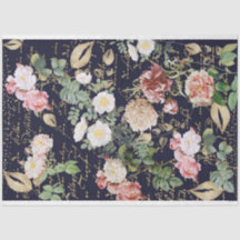 Blommigt Decoupage Rosa Flower Ro Navy Blue Guld