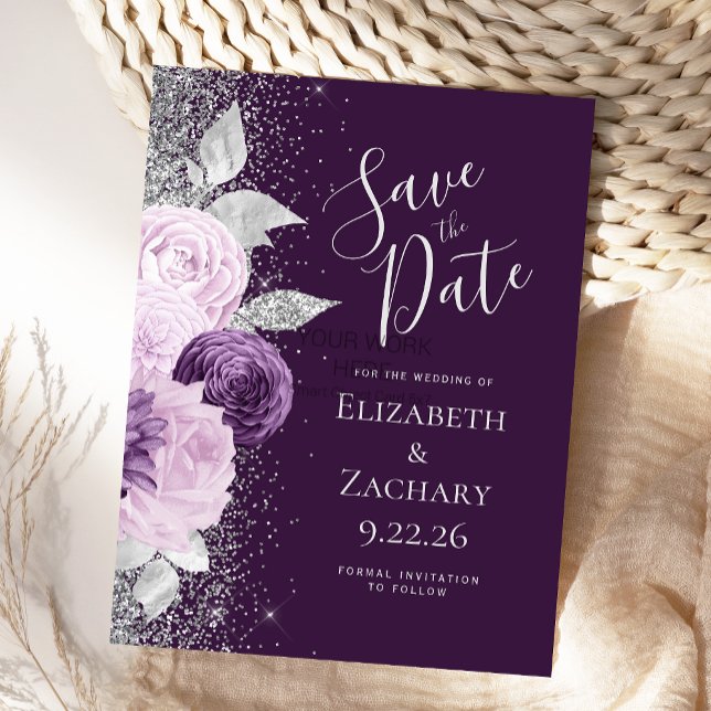 Blommigt Deep Lila Lavender Silver Glitter Vykort (Skapare uppladdad)