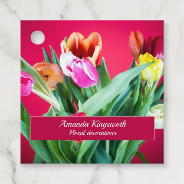 Blommigt dekorations-affärsröda tulpanfoto gåvor etiketter (Framsida)