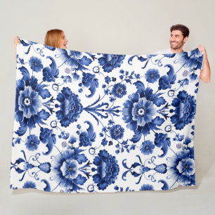 Blommigt Delft Blue Fleecefilt