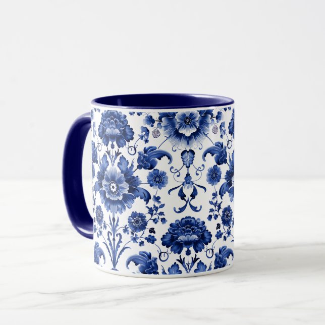 Blommigt Delft Blue Mugg (Framsida vänster)