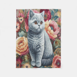 Blommigt Delight British shorthair Cat, Cute Kitte Fleecefilt
