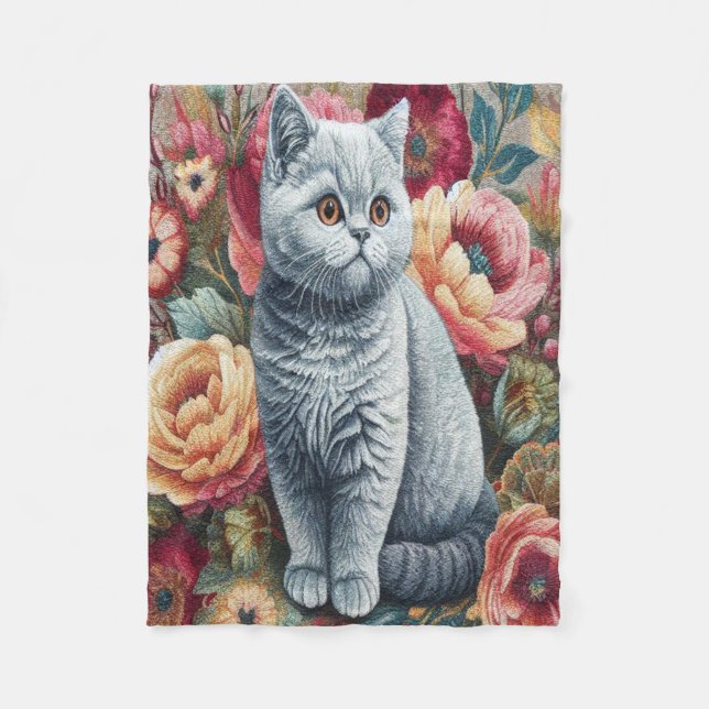 Blommigt Delight British shorthair Cat, Cute Kitte Fleecefilt (Framsidan)