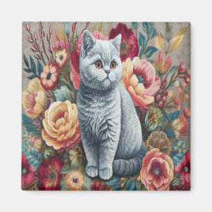 Blommigt Delight British shorthair Cat, Cute Kitte Magnet