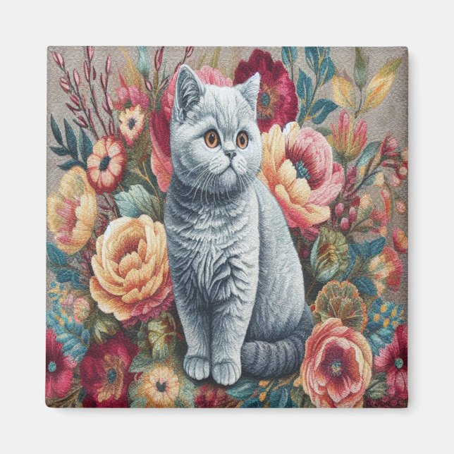 Blommigt Delight British shorthair Cat, Cute Kitte Magnet (Framsidan)