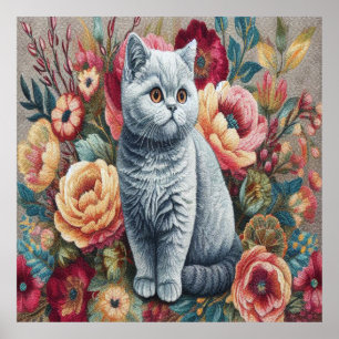Blommigt Delight British shorthair Cat, Cute Kitte Poster