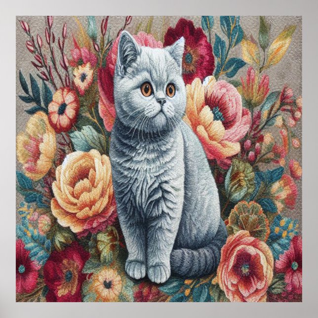 Blommigt Delight British shorthair Cat, Cute Kitte Poster (Framsidan)