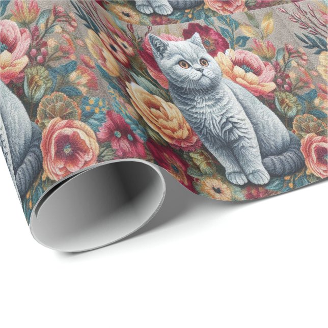 Blommigt Delight British shorthair Cat, Cute Kitte Presentpapper (Rullad Hörn)