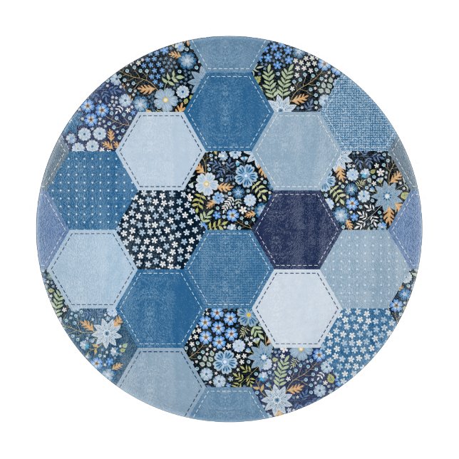 Blommigt, denim-lappverk: blå mönster. (Framsidan)