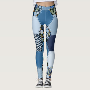 Blommigt, denim-lappverk: blå mönster. leggings