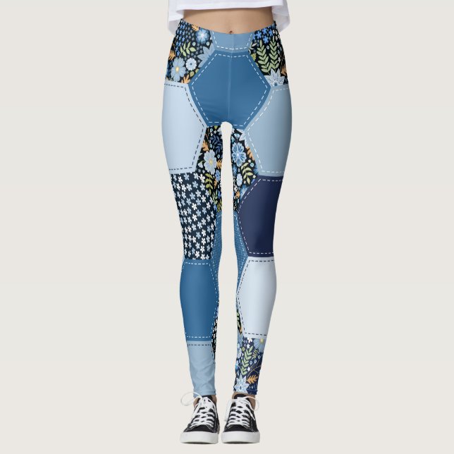 Blommigt, denim-lappverk: blå mönster. leggings (Framsida)