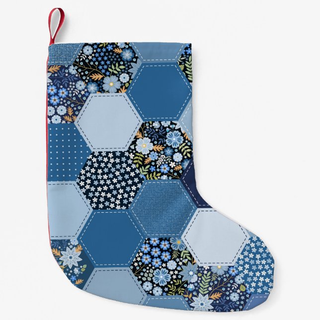 Blommigt, denim-lappverk: blå mönster. liten julstrumpa (Framsidan)