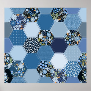 Blommigt, denim-lappverk: blå mönster. poster