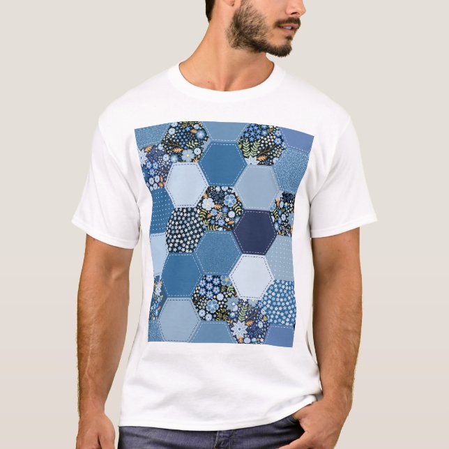 Blommigt, denim-lappverk: blå mönster. t shirt (Framsida)