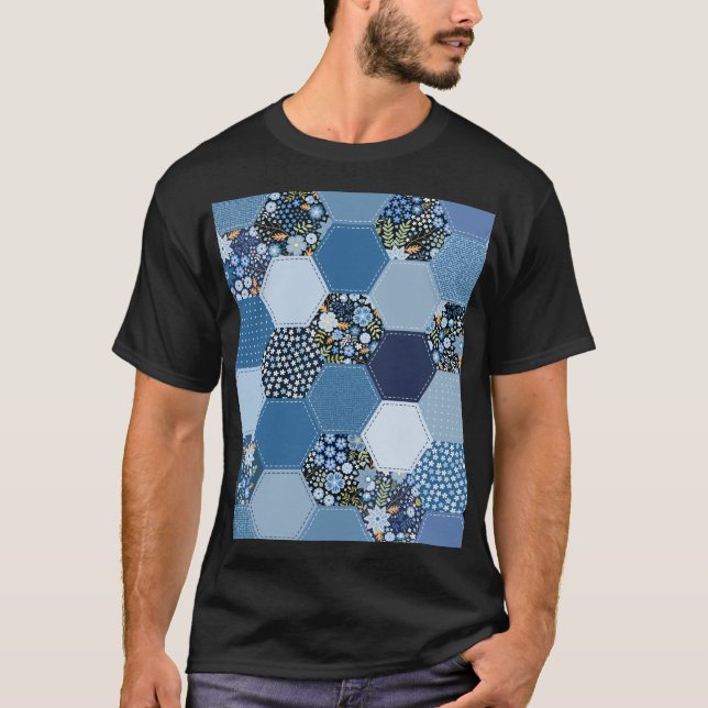 Blommigt, denim-lappverk: blå mönster. t shirt (Framsida)