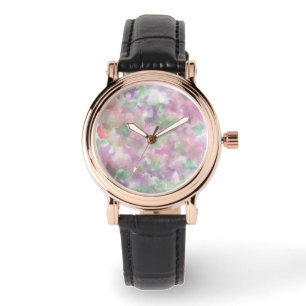 Blommigt designad kvinnor Svarta läderband Armbandsur