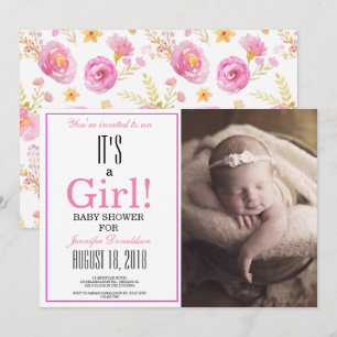 Blommigt Det är en flicka! Rosa Photo Baby Shower Inbjudningar