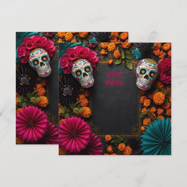 Blommigt dia de los muertos sockerskalle inbjudningar (Fram/baksida)