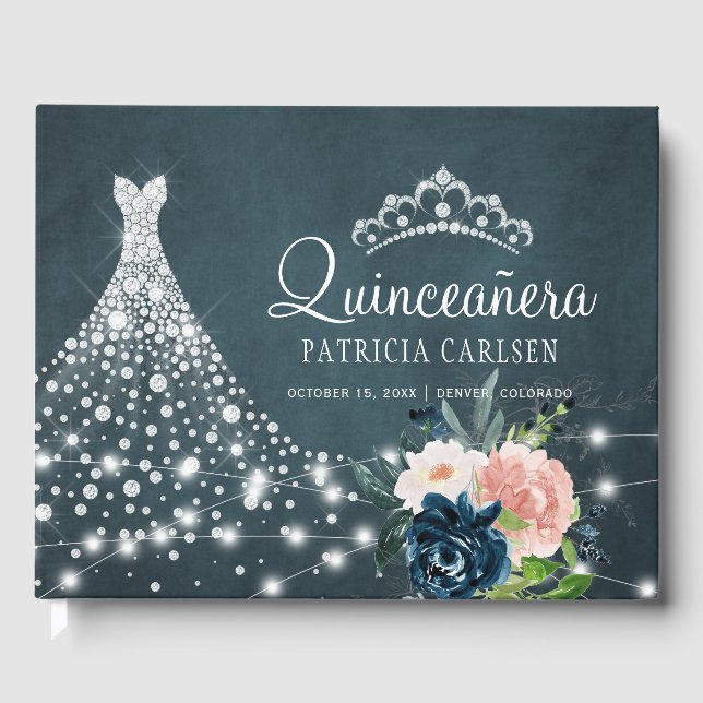 Blommigt diamant princess tiara quinceanera gästböcker (Framsida)
