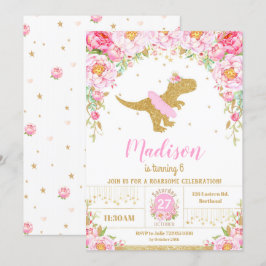 Blommigt Dinosaur Birthday bjudande Girl T-Rex Inbjudningar
