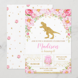 Blommigt Dinosaur Birthday bjudande Girl T-Rex Inbjudningar