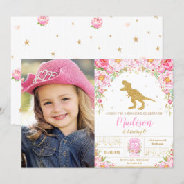 Blommigt Dinosaur Birthday Girl T-Rex Photo Inbjudningar